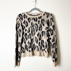 AVEC LES FILLES •Women’s Leopard Animal Print Crewneck Frayed Hem Sweater Size S